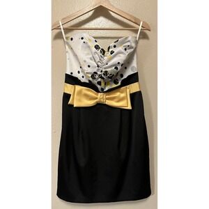 Vtg Jessica McClintock Gunne Sax Polka Dot Bow Yellow Black Mini Dress Prom Sz 9